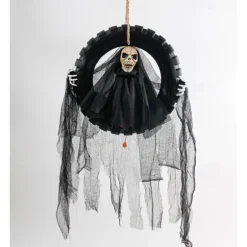 Animated Halloween Wreath Decoration Prop for Front Door Talking and Moving Black Grim Reaper Haunted House Decor