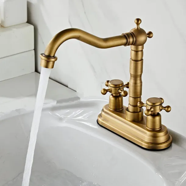 Antique Brass Centerset Faucet Two Handle, 360° Swivel Cross Knobs, Basin Mixer Tap Three Holes, Swivel Centerset Bathroom Sink Faucet