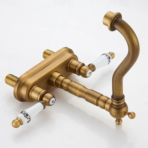 Antique Brass Centerset Faucet Two Handle, 360° Swivel Cross Knobs, Basin Mixer Tap Three Holes, Swivel Centerset Bathroom Sink Faucet