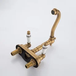 Antique Brass Centerset Faucet Two Handle, 360° Swivel Cross Knobs, Basin Mixer Tap Three Holes, Swivel Centerset Bathroom Sink Faucet