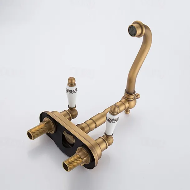 Antique Brass Centerset Faucet Two Handle, 360° Swivel Cross Knobs, Basin Mixer Tap Three Holes, Swivel Centerset Bathroom Sink Faucet