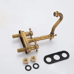 Antique Brass Centerset Faucet Two Handle, 360° Swivel Cross Knobs, Basin Mixer Tap Three Holes, Swivel Centerset Bathroom Sink Faucet