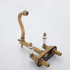 Antique Brass Centerset Faucet Two Handle, 360° Swivel Cross Knobs, Basin Mixer Tap Three Holes, Swivel Centerset Bathroom Sink Faucet