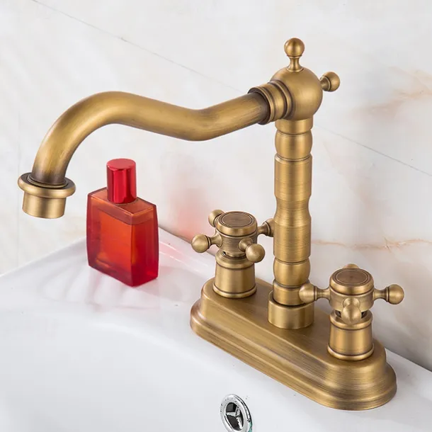 Antique Brass Centerset Faucet Two Handle, 360° Swivel Cross Knobs, Basin Mixer Tap Three Holes, Swivel Centerset Bathroom Sink Faucet