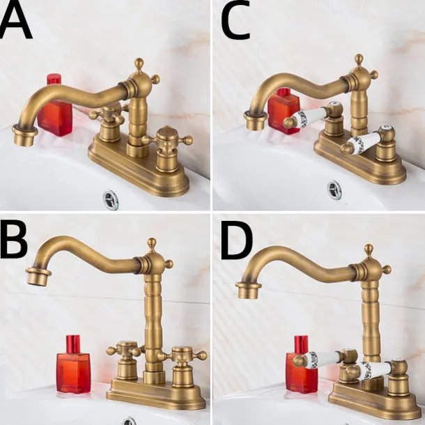 Antique Brass Centerset Faucet Two Handle, 360° Swivel Cross Knobs, Basin Mixer Tap Three Holes, Swivel Centerset Bathroom Sink Faucet
