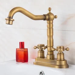 Antique Brass Centerset Faucet Two Handle, 360° Swivel Cross Knobs, Basin Mixer Tap Three Holes, Swivel Centerset Bathroom Sink Faucet