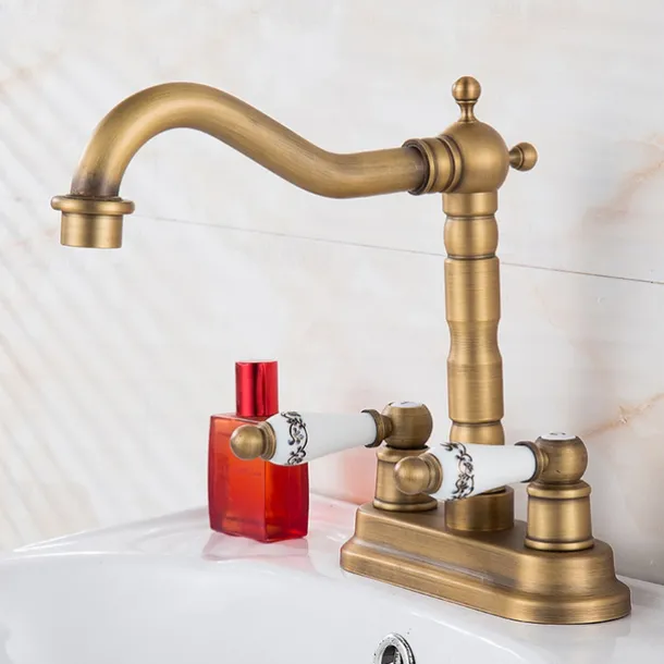 Antique Brass Centerset Faucet Two Handle, 360° Swivel Cross Knobs, Basin Mixer Tap Three Holes, Swivel Centerset Bathroom Sink Faucet