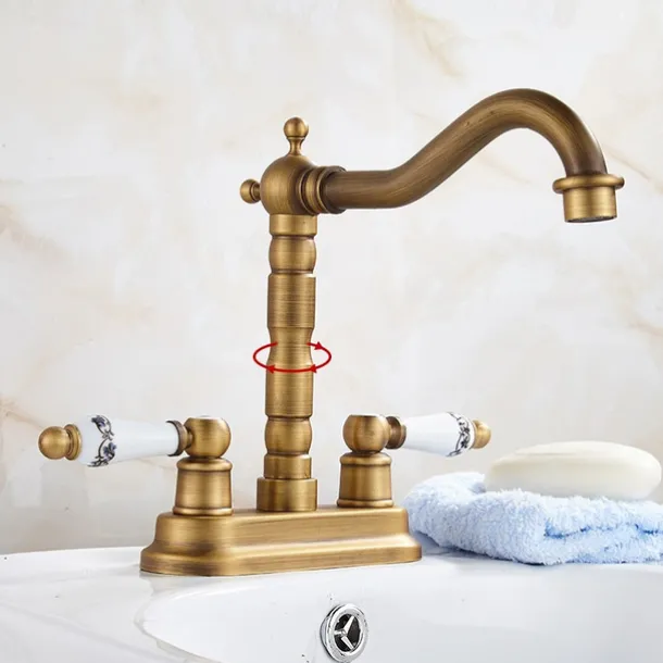Antique Brass Centerset Faucet Two Handle, 360° Swivel Cross Knobs, Basin Mixer Tap Three Holes, Swivel Centerset Bathroom Sink Faucet
