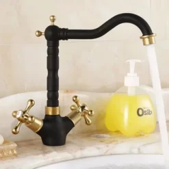 Antique Brass Kitchen Faucet,Two Handles One Hole Standard Spout Deck Mounted Traditional Kitchen Taps with Hot and Cold Switch