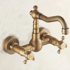 Antique Brass Kitchen Faucet,Wall Mounted Standard Spout Two Handles Two Holes Traditional Widespread Kitchen Taps with Hot and Cold Switch and Ceramic Valve