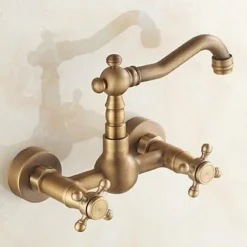 Antique Brass Kitchen Faucet,Wall Mounted Standard Spout Two Handles Two Holes Traditional Widespread Kitchen Taps with Hot and Cold Switch and Ceramic Valve