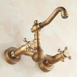 Antique Brass Kitchen Faucet,Wall Mounted Standard Spout Two Handles Two Holes Traditional Widespread Kitchen Taps with Hot and Cold Switch and Ceramic Valve