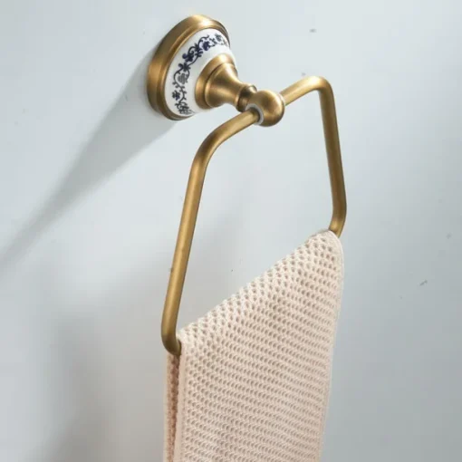 Antique Brushed Brass Towel Holder Towel Ring , Copper for Bathrooms, Trapezoid Hand Towel Rack Wall Mounted Decorative