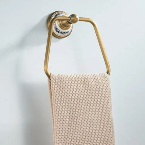 Antique Brushed Brass Towel Holder Towel Ring , Copper for Bathrooms, Trapezoid Hand Towel Rack Wall Mounted Decorative