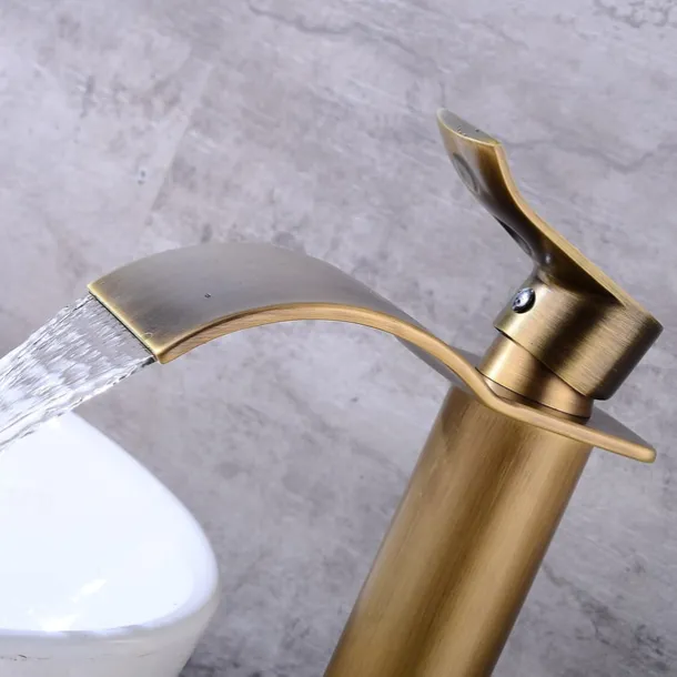 Antique Copper Bathroom Sink Faucet,Golden Waterfall Single Handle One Hole Bath Taps with Hot and Cold Water Switch