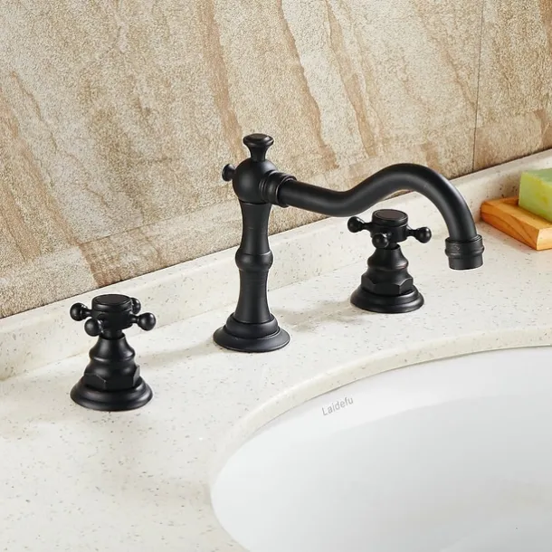 Antique Copper Bathroom Sink Faucet,Widespread Oil-rubbed Bronze Centerset Two Handles Three Holes Bath Taps with Hot and Cold Switch