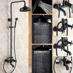 Antique Shower System Faucet Combo Set, 8" Rainfall Shower Head Kit with Handshower Wall Mounted, Brass Copper Black Electroplated Finish Vintage Style 2 Handles 3 Hole Bath Mixer Taps with Bodysprays