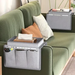 Armrest Organizer with Cup Holder, Tray, and Remote Control Holder for Recliner Sofa Armrests - Fits Couch Armrests, Chair Arms, Bedside - Storage Pouch for Phone, Tablet, Books, Magazines, Drink Holder