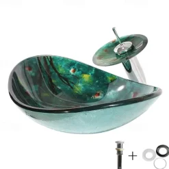 Art Tempered Glass Wash Basin with Chrome Faucet Finish,Rectangular Sink Shape Bathroom Faucet