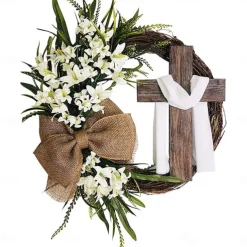 Artificial Easter Wreath, Easter Decoration, Cross Wreath, Decoration for Hanging Door Wreath, Cross Easter Wreath for Hanging as Spring Decoration