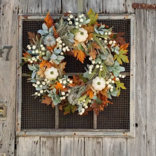 Artificial Fall Wreaths for Front Door Rustic Autumn Wreath with Pumpkin,Rose,Berry Branchesm,Mixed Leaves Thanksgiving Wreath Fall Door Wreath
