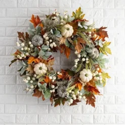Artificial Fall Wreaths for Front Door Rustic Autumn Wreath with Pumpkin,Rose,Berry Branchesm,Mixed Leaves Thanksgiving Wreath Fall Door Wreath