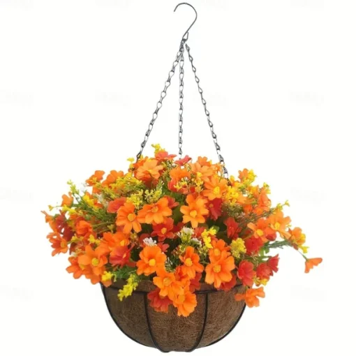 Artificial Hanging Flowers in Basket - Outdoor/Indoor Patio Lawn Garden Decor, Daisy Basket with 12-Inch Coconut Lining Chain Flowerpot