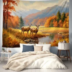 Autumn Deer Forest Hanging Tapestry Wall Art Large Tapestry Mural Decor Photograph Backdrop Blanket Curtain Home Bedroom Living Room Decoration