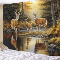 Autumn Deer Forest Hanging Tapestry Wall Art Large Tapestry Mural Decor Photograph Backdrop Blanket Curtain Home Bedroom Living Room Decoration