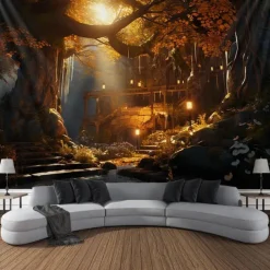 Autumn Forest Hanging Tapestry Trippy Wall Art Large Tapestry Mural Decor Photograph Backdrop Blanket Curtain Home Bedroom Living Room Decoration