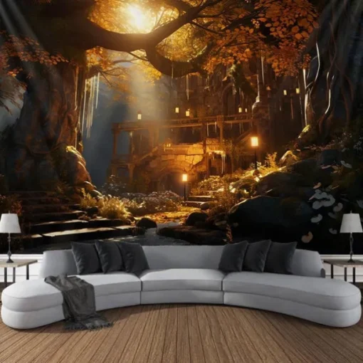 Autumn Forest Hanging Tapestry Trippy Wall Art Large Tapestry Mural Decor Photograph Backdrop Blanket Curtain Home Bedroom Living Room Decoration