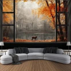 Autumn Tapestry Hanging Autumn Maple Mist Forest Tapestry Window Elk Maple Leaf Natural Scenery Tapestry Living Room Bedroom Farm Holiday Party Decoration