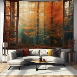 Autumn Tapestry Hanging Autumn Maple Mist Forest Tapestry Window Elk Maple Leaf Natural Scenery Tapestry Living Room Bedroom Farm Holiday Party Decoration