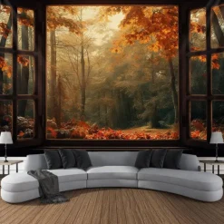 Autumn Tapestry Hanging Autumn Maple Mist Forest Tapestry Window Elk Maple Leaf Natural Scenery Tapestry Living Room Bedroom Farm Holiday Party Decoration