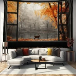 Autumn Tapestry Hanging Autumn Maple Mist Forest Tapestry Window Elk Maple Leaf Natural Scenery Tapestry Living Room Bedroom Farm Holiday Party Decoration