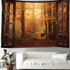 Autumn Tapestry Hanging Autumn Maple Mist Forest Tapestry Window Elk Maple Leaf Natural Scenery Tapestry Living Room Bedroom Farm Holiday Party Decoration