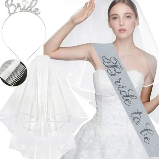 Bachelorette Party 3-Pc Set Bride to Be Tiara Headband, Wedding Veil with Shoulder Strap, Bridal Party Accessories for Bachelorette Party