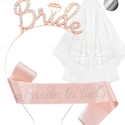 Bachelorette Party 3-Pc Set Bride to Be Tiara Headband, Wedding Veil with Shoulder Strap, Bridal Party Accessories for Bachelorette Party