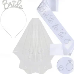 Bachelorette Party 3-Pc Set Bride to Be Tiara Headband, Wedding Veil with Shoulder Strap, Bridal Party Accessories for Bachelorette Party