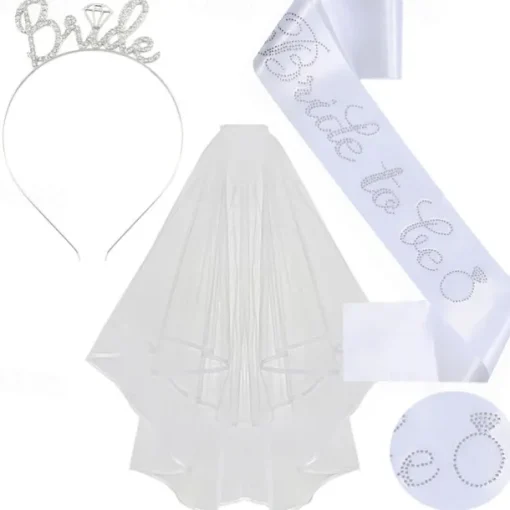 Bachelorette Party 3-Pc Set Bride to Be Tiara Headband, Wedding Veil with Shoulder Strap, Bridal Party Accessories for Bachelorette Party