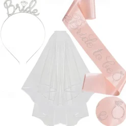 Bachelorette Party 3-Pc Set Bride to Be Tiara Headband, Wedding Veil with Shoulder Strap, Bridal Party Accessories for Bachelorette Party