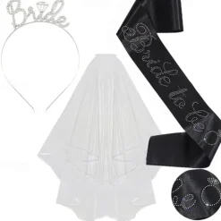 Bachelorette Party 3-Pc Set Bride to Be Tiara Headband, Wedding Veil with Shoulder Strap, Bridal Party Accessories for Bachelorette Party
