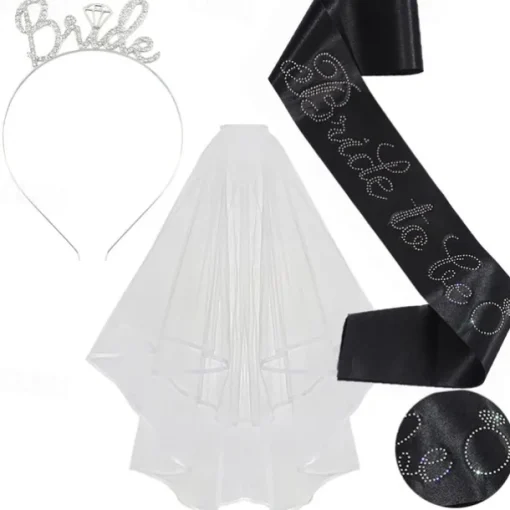 Bachelorette Party 3-Pc Set Bride to Be Tiara Headband, Wedding Veil with Shoulder Strap, Bridal Party Accessories for Bachelorette Party