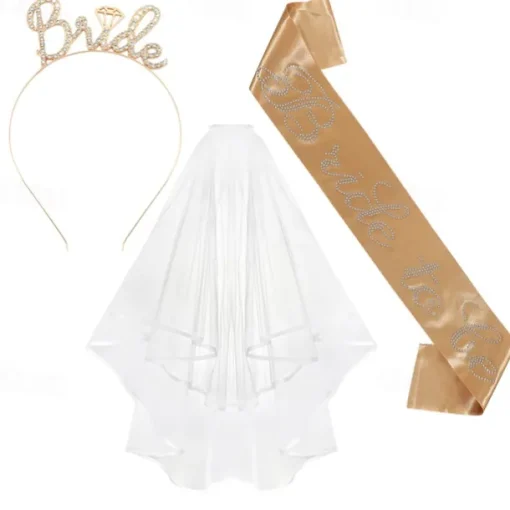 Bachelorette Party 3-Pc Set Bride to Be Tiara Headband, Wedding Veil with Shoulder Strap, Bridal Party Accessories for Bachelorette Party
