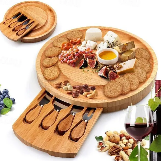 Bamboo cheese board set bamboo cheese knife cheese board drawer cheese board cheese board cutting board round cutting board