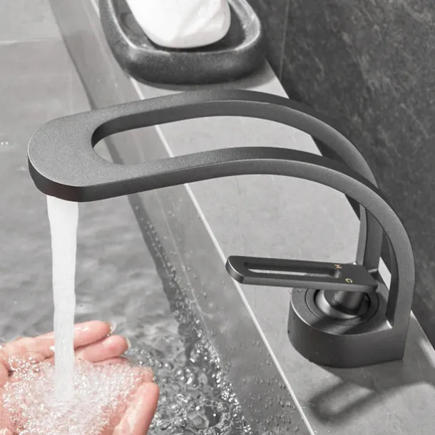 Basin Sink Mixer Taps, Deck Mounted Bathroom Sink Faucet, Brass Sinlge Handle with Hot and Cold Hose, One Hole Vessel Water Tap Chrome Black White Grey