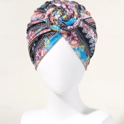 Bath Cap Twisted Retro Print Stretchy Hide Hair Breathable Bohemia Pre-Tied Bonnet Beanie Hat Women's