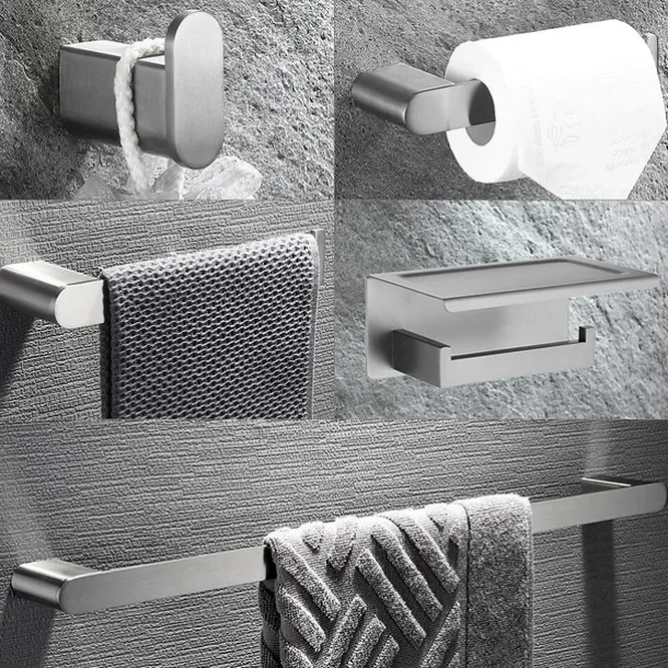 Bathroom Accessory Set Brushed Stainless Steel Include Robe Hook, Towel Bar, Toilet Paper Holder with Mobile Phone Storage Shelf, Towel Holder and Roll Paper Shelf 1or3pcs