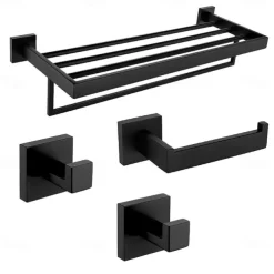 Bathroom Accessory Set Contemporary Stainless Steel Contain with Tower Rack Toilet Paper Holder and 2 Robe Hooks Bathroom Wall Mounted Matte Black 4pcs