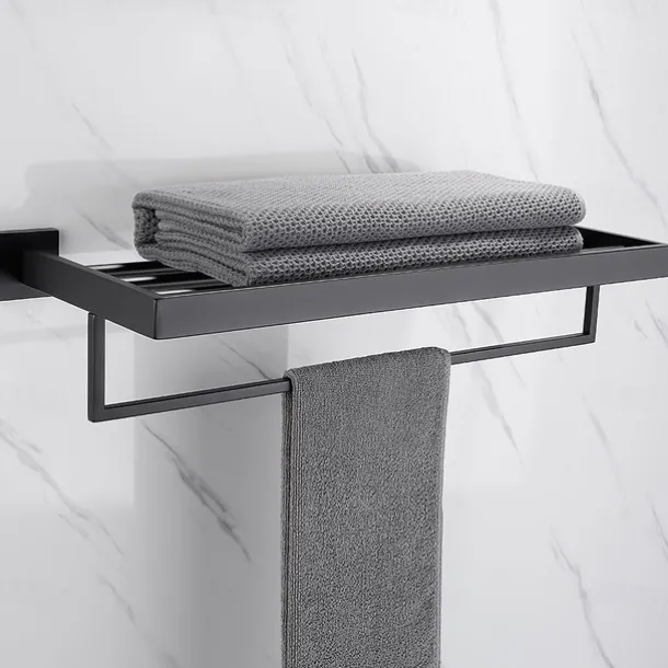 Bathroom Accessory Set Contemporary Stainless Steel Contain with Tower Rack Toilet Paper Holder and 2 Robe Hooks Bathroom Wall Mounted Matte Black 4pcs